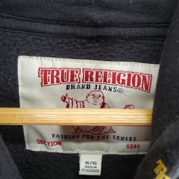 True Religion Hoodie Mens XL Black Gold Sweatshirt Monogram Pullover Streetwear - Picture 7 of 13